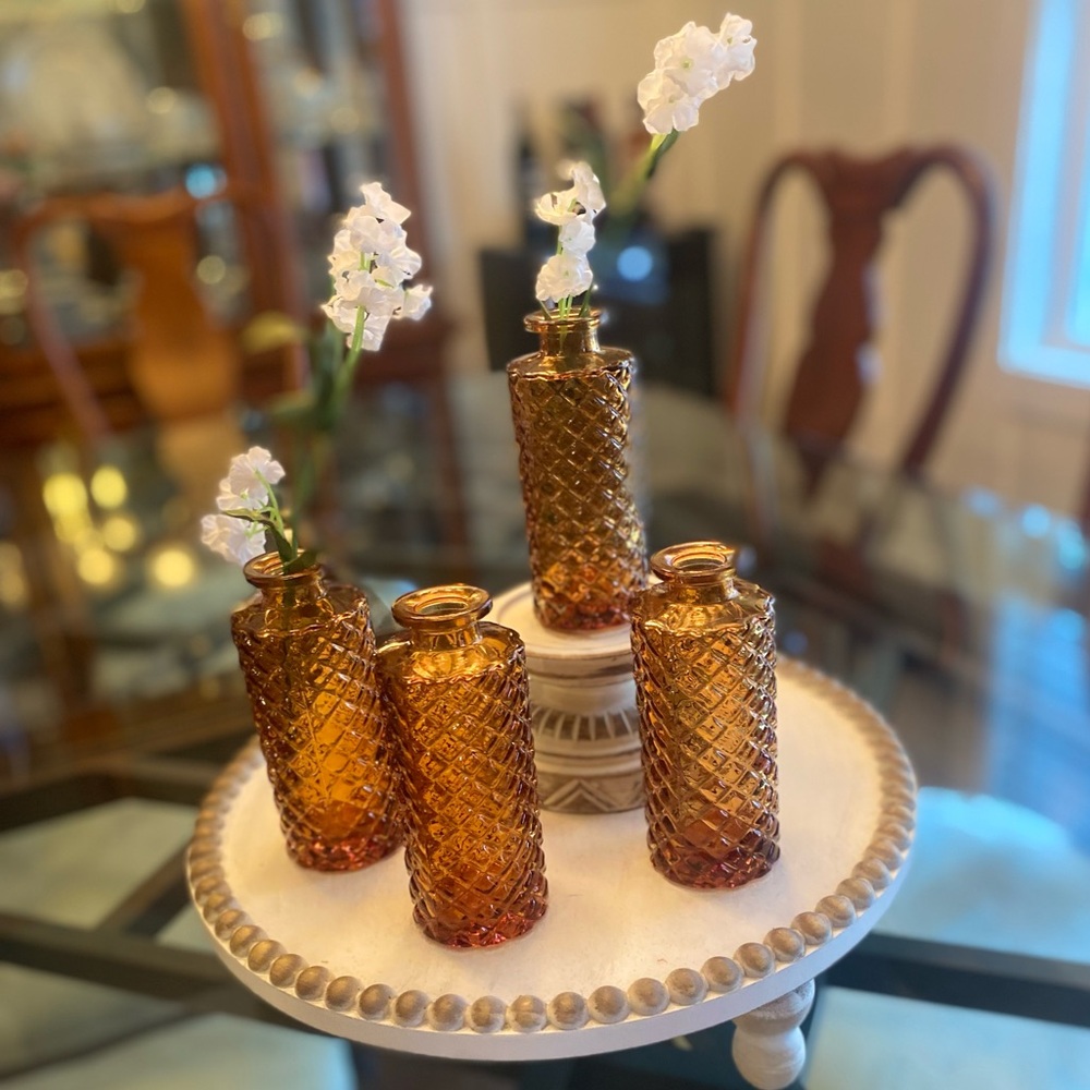 Set of 4 Amber Color Vintage Design Glass Mini Vases - Picture 1 of 6